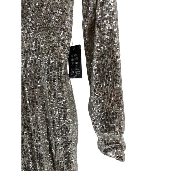 NWT Express Women's Long Sleeve Silver Sequin V Neck Cocktail Party Dress XS - Picture 3 of 15